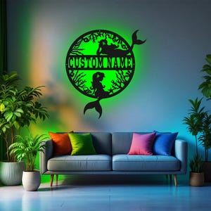 Custom Mermaid Metal Wall Art With LED Light, Personalized Mermaid Name Sign Decoration For Room, Mermaid Metal LED Decor, Custom Mermaid