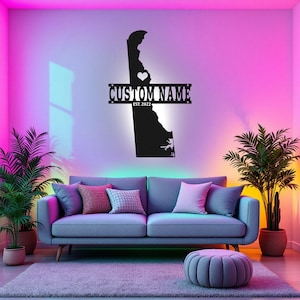 Arte de pared de metal con mapa de Delaware personalizado con luz LED, letrero con el nombre del estado de Delaware personalizado para decoración de habitación, decoración LED Born In Delaware