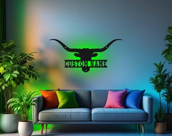 Custom Longhorn Metal Wall Art With LED Light, Personalized Longhorn Name Sign Decoration For Room, Longhorn Metal LED Decor,Custom Longhorn