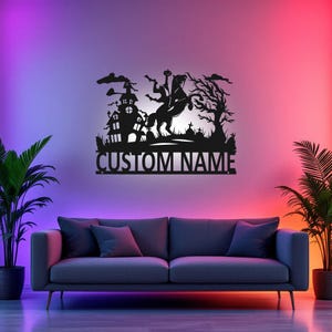 Custom Headless Horseman Metal Wall Art With LED Light, Personalized Horseman Name Sign Decoration For Room, Horseman Metal Home Decor