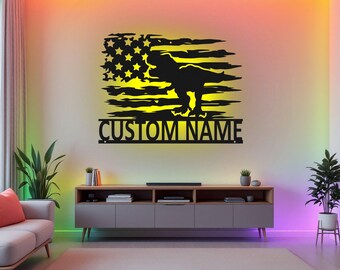 Custom US Dinosaur Metal Wall Art With LED Light, Personalized Dinosaur Name Sign Decoration For Living Room, Dinosaur Metal LED Decor