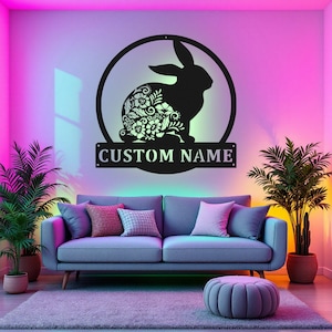 Custom Floral Bunny Metal Wall Art With LED Light, Personalized Bunny Name Sign Decoration For Room, Bunny Metal LED Decor, Custom Bunny