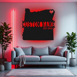 Arte de pared de metal con mapa de Oregón personalizado con luz LED, letrero con el nombre del estado de Oregón personalizado para decoración de habitación, decoración LED de metal con el nombre de Born In Oregon