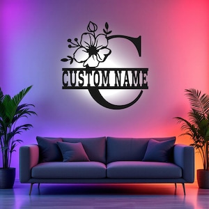Arte de pared de metal con letras florales personalizadas C con luz LED, letrero con nombre de familia y letras del alfabeto personalizado para decoración de habitación, decoración LED de metal con apellido