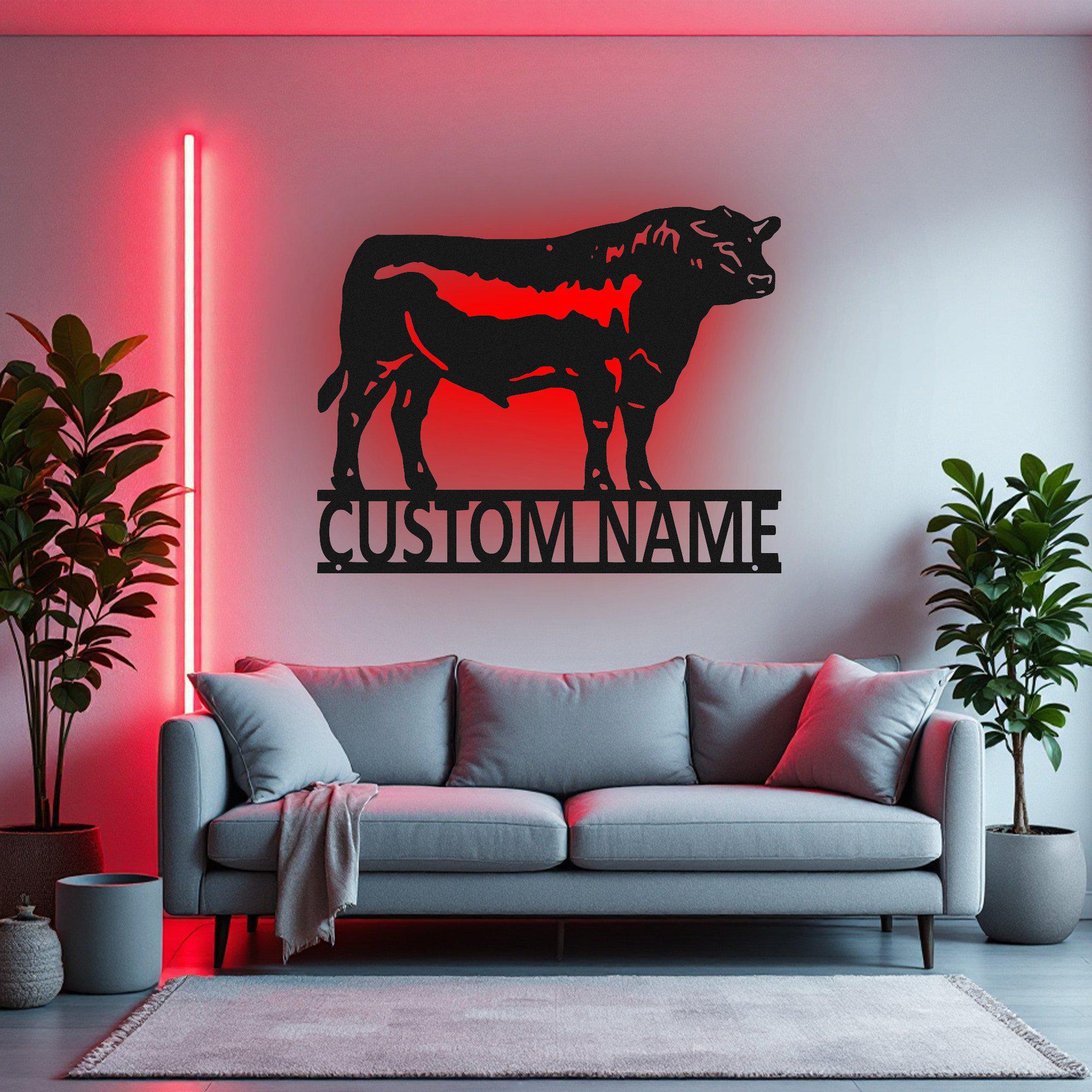 Custom Black Angus Bull Metal Wall Art With LED Light V2, Personalized ...