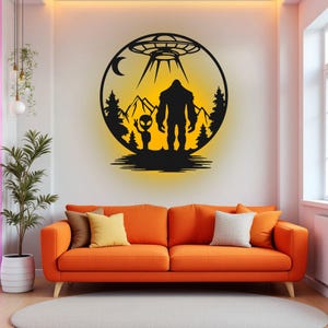 Bigfoot And Alien Under The Moon Metal Wall Art With LED Light, Bigfoot UFO Sign Decoration For Room, Bigfoot Metal LED Decor