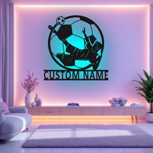 Custom Soccer Metal Wall Art With LED Light, Personalized Soccer Player Name Sign Decoration For Room, Male Soccer Player Metal LED Decor