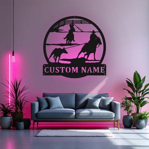 Custom Team Roper Cowboy Horse Metal Wall Art With LED Light, Personalized Team Roper Name Sign Decoration For Room, Team Ropers Home Decor