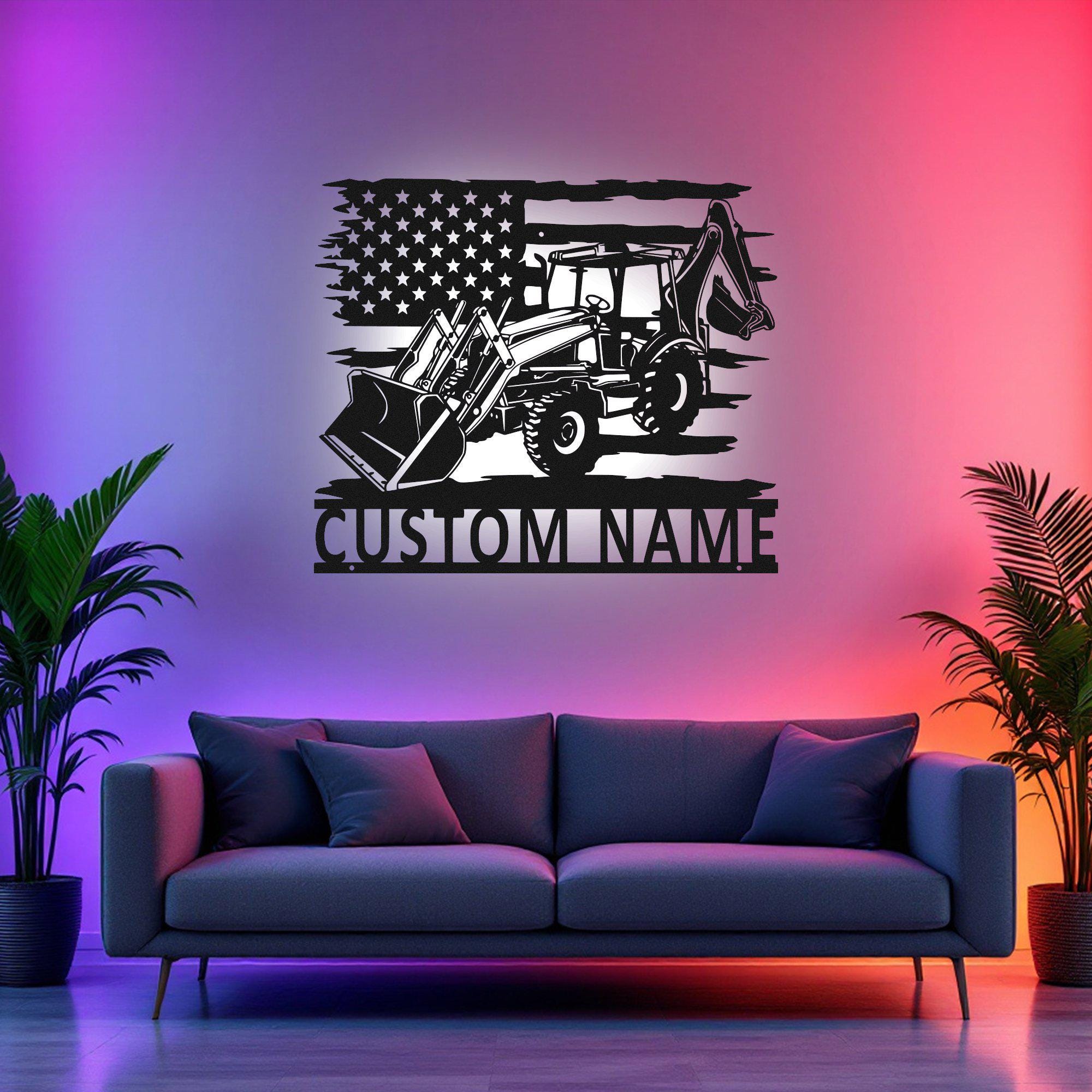 Custom US Backhoe Truck Metal Wall Art LED Light, Personalized Backhoe ...