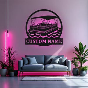 Custom Pontoon Boat Metal Wall Art With LED Light, Personalized Pontoon Boat Name Sign Decoration For Room, Pontoon Boat Metal Home Decor