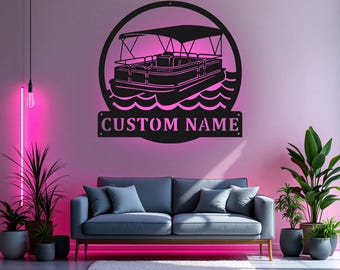 LEDライト付きカスタムポンツーンボートメタルウォールアート、パーソナライズされたポンツーンボートネームサインデコレーション、ポンツーンボートメタルホームデコレーション
