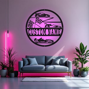 Custom Racing Car Metal Wall Art With LED Light, Personalized Racer Name Sign Decoration For Room, Racing Car Metal LED Decor, Racing Car