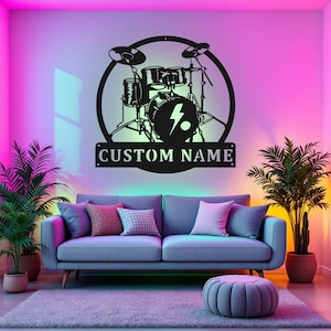 Custom Drummer Musical instrument Metal Wall Art With LED Light, Personalized Drummer Name Sign Decoration For Room,Drummer Metal Home Decor