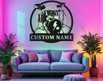 Benutzerdefinierte Schlagzeuger Musikinstrument Metall Wandkunst mit LED-Licht, personalisierte Schlagzeuger Name Zeichen Dekoration für Zimmer, Schlagzeuger Metall Wohnkultur