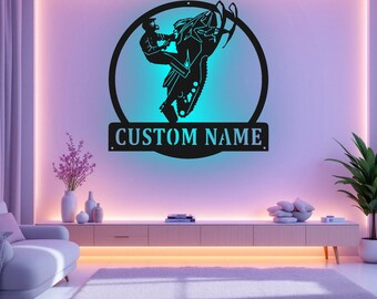 Arte mural metálico personalizado para moto de nieve con luz LED, letrero con nombre personalizado para moto de nieve, decoración para habitación, decoración metálica LED para moto de nieve