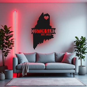 Arte de pared de metal con mapa de Maine personalizado con luz LED, letrero con nombre del estado de Maine personalizado para decoración de habitación, decoración LED de metal con el nombre de Born In Maine