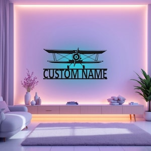 Custom Biplane Metal Wall Art With LED Light, Personalized Biplane Pilot Name Sign Decoration For Room, Biplane Metal LED Decor, Biplane