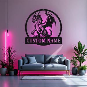 Custom Magic Dragon Metal Sign With LED Light, Personalized Dragon Name Sign Decoration For Room, Dragon Metal LED Decor, Custom Dragon Name