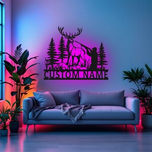 Custom Deer Hunter Metal Sign With LED Light, Personalized Deer Hunter Name Sign Decoration For Room, Deer Hunter Metal LED Decor