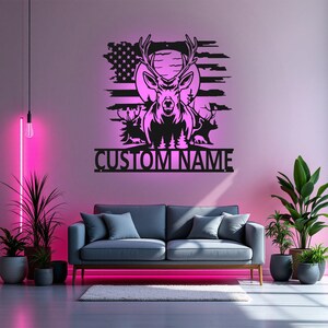 Benutzerdefinierte US Deer Outdoor Metallwandkunst mit LED-Licht V1, personalisierte Deer Hunter Name Schild Dekoration für Zimmer, Hirschjagd Metall LED Dekor