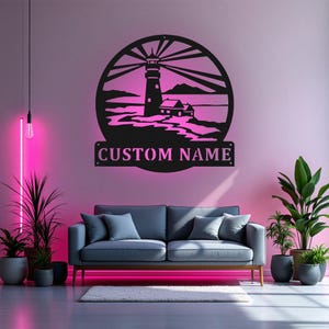Custom Lighthouse Nautical Round Metal Wall Art With LED Light, Personalized Lighthouse Name Sign Decoration For Room, Lighthouse Home Decor