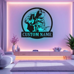 Custom Welder Metal Sign With LED Light, Personalized Welder Name Sign Decoration For Room, Tree Welder Metal LED Decor, Welder Name Sign