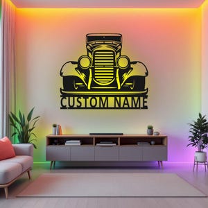 Custom Classic Car Metal Wall Art With LED Light, Personalized Garage Name Sign Decoration For Room, Classic Car Metal LED Decor