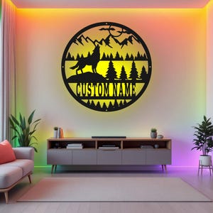 Custom Wolf Metal Wall Art With LED Light, Personalized Wolf Name Sign Decoration For Room, Wolf Metal LED Decor, Custom Wolf Sign