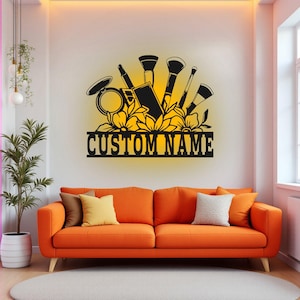 Custom Floral Makeup Tools Metal Wall Art With LED Light, Personalized Makeup Artist Name Sign Decoration For Room, Makeup Metal LED Decor
