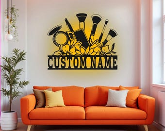 LEDライト付きカスタムフラワーメイクアップツールメタルウォールアート、パーソナライズされたメイクアップアーティストの名前サインデコレーション、メイクアップメタルLEDデコレーション