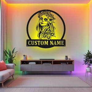 Custom Sugar Skull Metal Wall Art With LED Light, Personalized Sugar Skull Name Sign Decoration For Room, Sugar Skull Metal LED Decor
