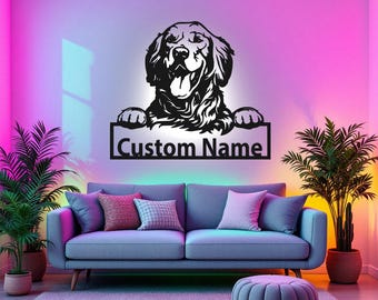Aangepaste golden retriever metalen muurkunst met led-licht, gepersonaliseerde golden retriever naambord decoratie voor hondenkamer, golden retriever LED