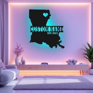 Arte de pared de metal con mapa de Kentucky personalizado con luz LED, letrero con el nombre del estado de Kentucky personalizado para decoración de habitación, decoración LED de metal Born In Kentucky