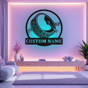Custom Drums Musical Instrument Metal Wall Art With LED Light, Personalized Drums Teacher Name Sign Decoration For Room, Drums Home Decor