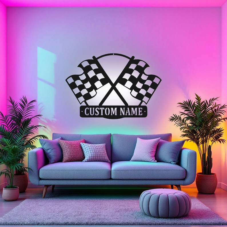 Led Racing Flag Custom Checkered Racing Flag Metal Wall Art With LED Light ...