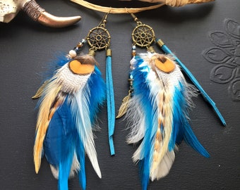 Boucles d'oreilles attrape rêves, plumes bleues, plumes naturelles, boucles d'oreilles plumes style ethnique, bohème, boho, amérindien