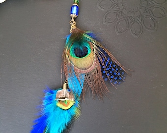 Long single earring, peacock feathers, blue green feathers, beads, mono earring, solo earring, bohemian bohemian shaman