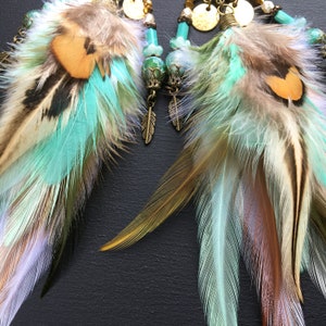 Boucles d'oreilles plumes naturelles, plumes vert menthe, perles, boucles d'oreilles longues ethnique, bohème, boho, gipsy, bohemian, hippie image 8