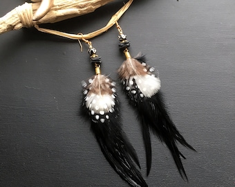Black and white feather earrings, mala beads, boho ethnic earrings, black and white feather jewelry