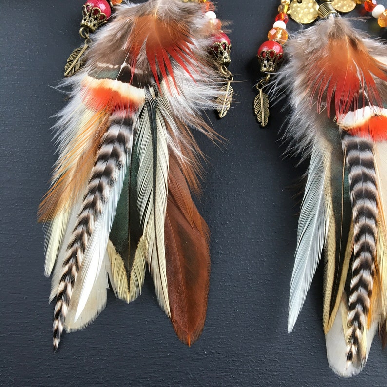 Longues boucles d'oreilles plumes naturelles, rouge, marron, grizzly, perles, boucles d'oreilles ethnique, bohème, boho, bohemien, gipsy image 4