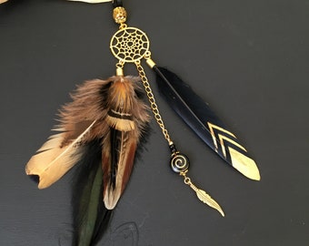 Bijoux de cheveux attrape rêves doré, plumes noir et doré, plumes naturelles, perles, clip cheveux plumes style ethnique, pince cheveux