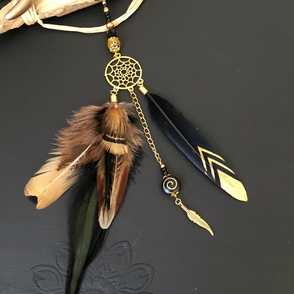 Bijoux de cheveux attrape rêves doré, plumes noir et doré, plumes naturelles, perles, clip cheveux plumes style ethnique, pince cheveux