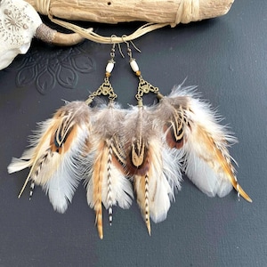 Lightweight natural feather earrings, brown, beige, boho, bohemian, ethnic, hippie style
