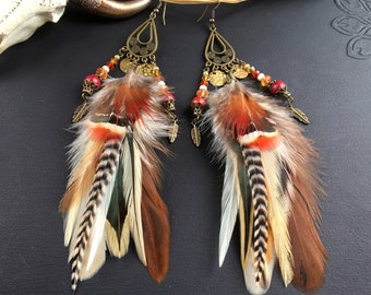 Pendientes largos de plumas naturales, rojas, marrones, grizzly, perlas, pendientes étnicos, boho, boho, bohemio, gitano