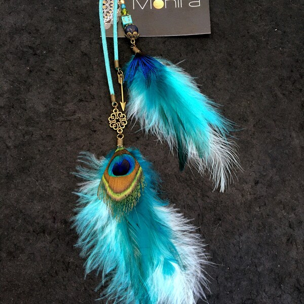 Bijoux de cheveux ethnique bohème, plume de paon, plumes turquoise, perles, accessoire cheveux plumes, style ethnique bohème boho hippie