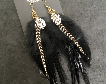 Black feather earrings, ethnic style, shells, leopard, ethnic earrings, boho, boho hippie, black feathers