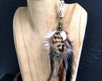 Long single earring natural feathers bone and porcelain beads mono earring man or woman ethnic style boho bohemian