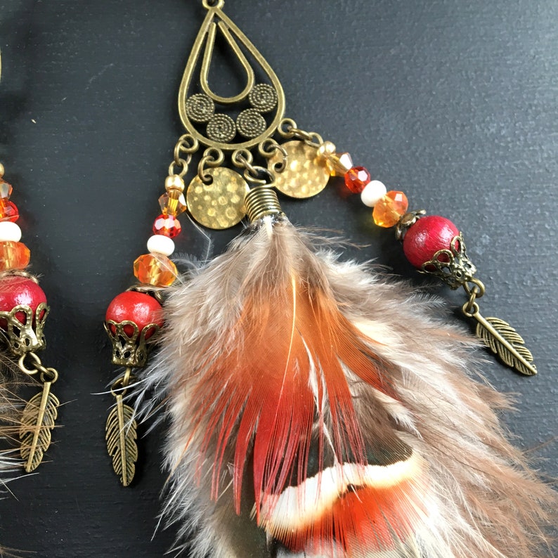 Longues boucles d'oreilles plumes naturelles, rouge, marron, grizzly, perles, boucles d'oreilles ethnique, bohème, boho, bohemien, gipsy image 6