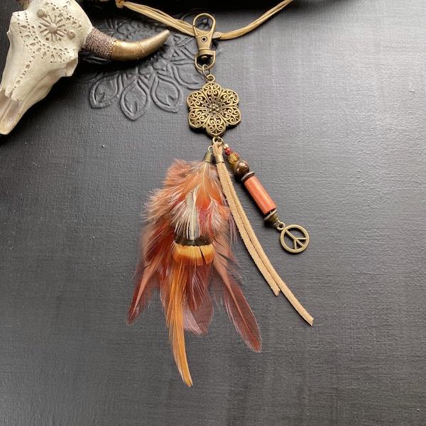 Bag charms, keychains, natural brown and red feathers, tiger's eye, bag charms, ethnic, boho, hippie style