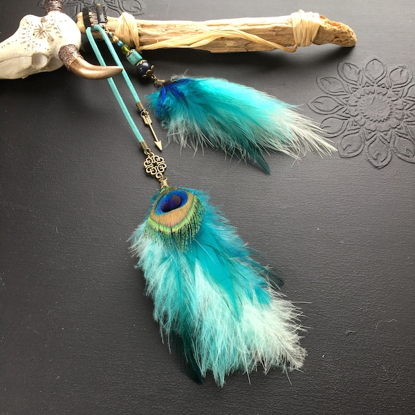 Bijoux de cheveux ethnique bohème, plume de paon, plumes turquoise, perles, accessoire cheveux plumes, style ethnique bohème boho hippie